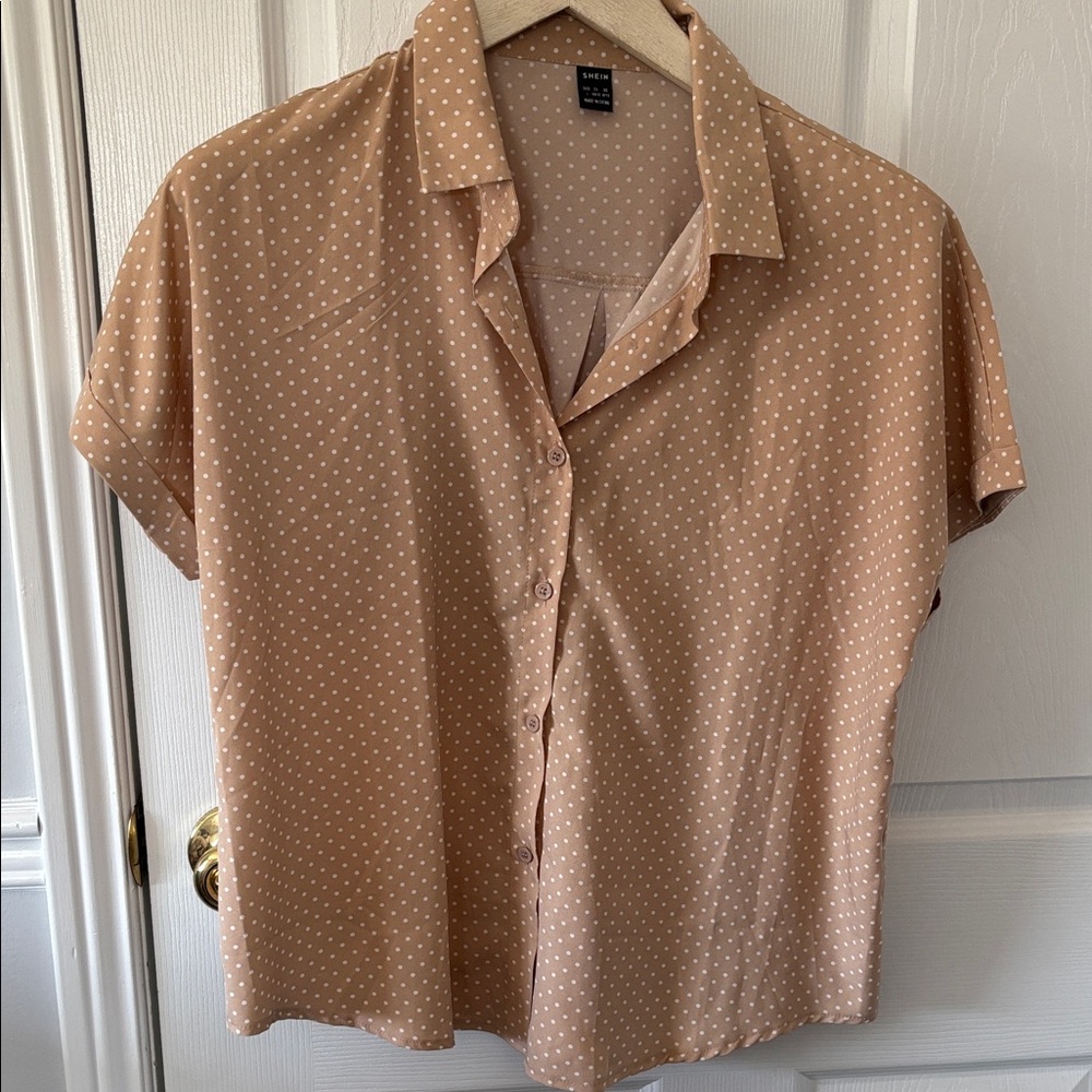 SHEIN Beige Polka Dot Button-Up Blouse